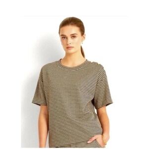 Lauren Ralph Lauren Shirt Women Large Beige Blue Houndstooth Top Black Label NWT